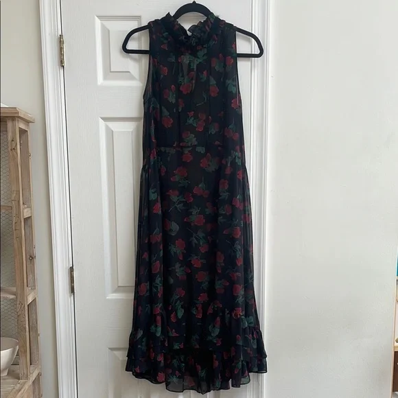 Zara Black and Red Floral Midi Sheer Dress Zara Black and Red Floral Midi Sheer Dress
